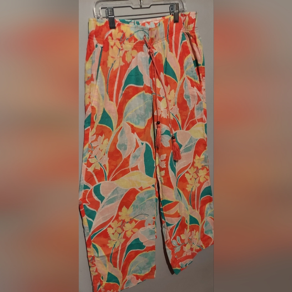 Cynthia Rowley Linen Blend Pants Small Pink Floral Wide Leg Beach Coastal Boho